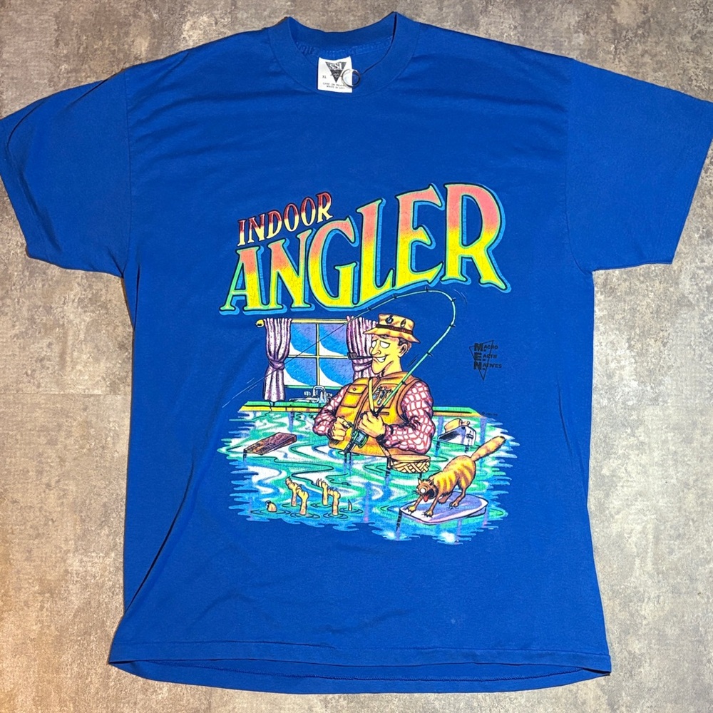 Funny Single Stitch Blue Indoor Angler Graphic T-Shirt 1990